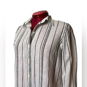 Chaps Petite classic linen and cotton blend button-up blouse vertical stripes